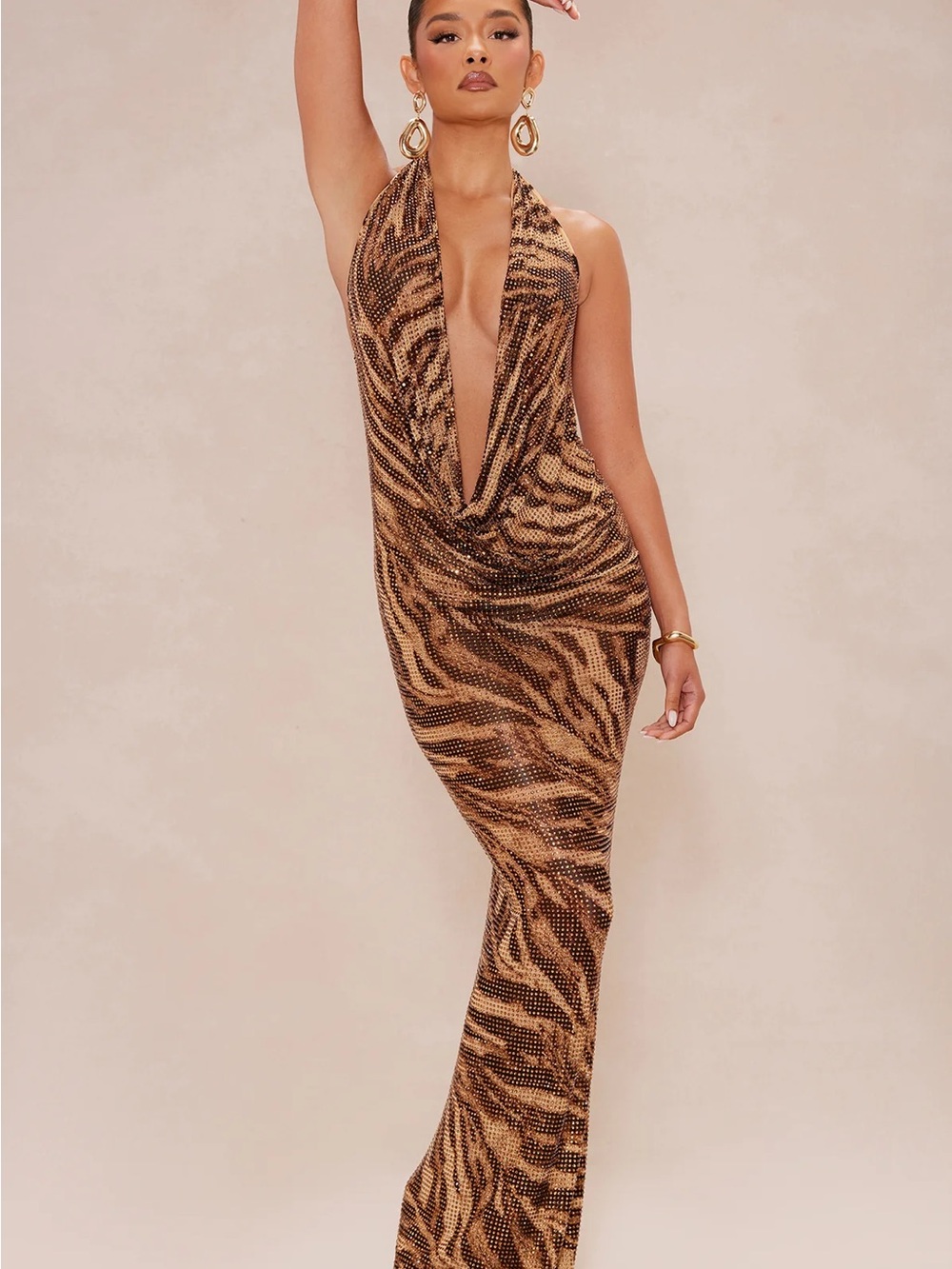 Fashion Nova Brown & Black Animal Print Halter Maxi Dress
